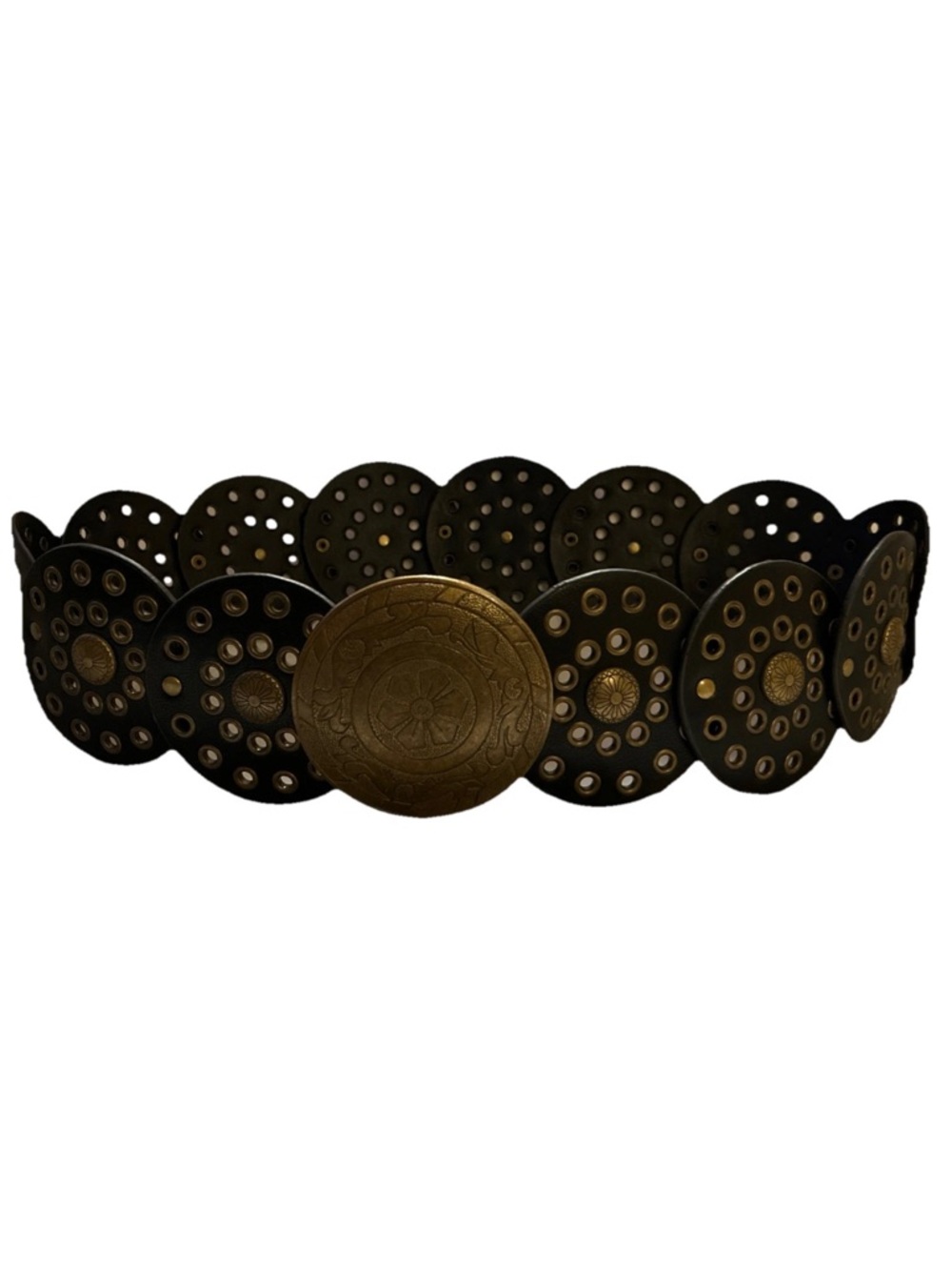 Black Faux Leather Wide Boho Hippie Belt Big Brass Buckle Adjustable Up To 34”